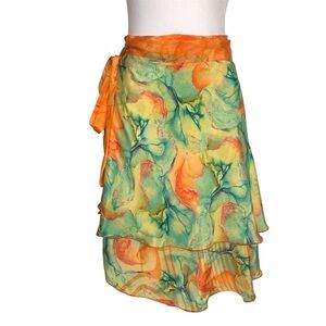 Womens Size S Silk Blend Wrap Skirt Orange Green Blue Colorful Swim Cover Up